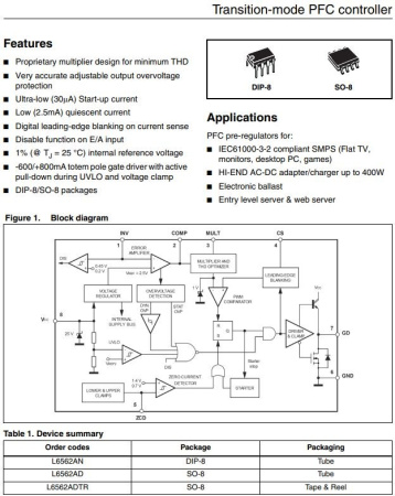 Микросхема L6562ADTR, контроллер PFC, SO8