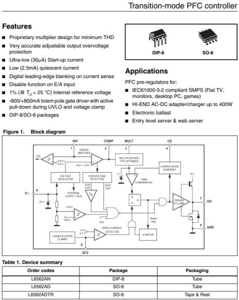 Микросхема L6562ADTR, контроллер PFC, SO8