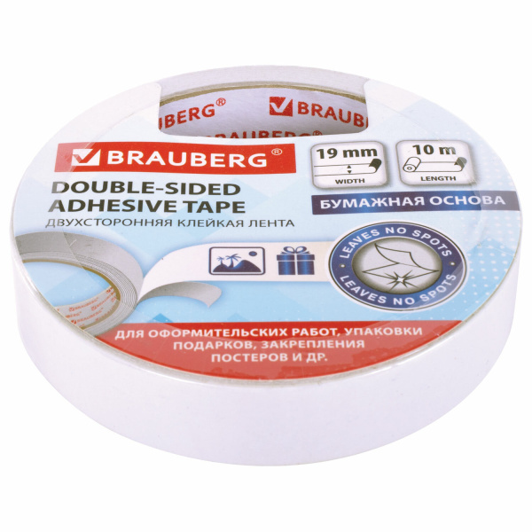 Клейкая лента двухсторонняя 19мм.*10м. BRAUBERG на бумажной основе (227268)