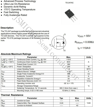 транзистор FET IRFP064N JSMicro 55V 110A N-Ch 8mohm TO247 аналог K2500