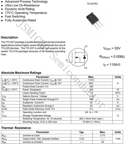 транзистор FET IRFP064N JSMicro 55V 110A N-Ch 8mohm TO247 аналог K2500