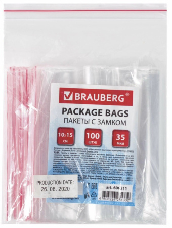 Пакет с замком BRAUBERG "зиплок" (гриппер), КОМПЛЕКТ 100шт., 100х150мм, 35 мкм