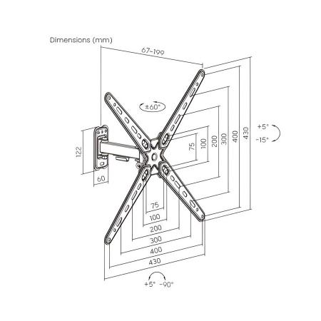 Кронштейн ITECHmount LCDN741 черный настенный,для тв,13-55",до 25кг,от стены 67-199мм,с функцией наклона ＋5°～-15°,поворота 60° вправо / 60° влево,вращ
