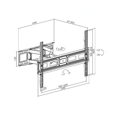 Кронштейн ITECHmount SLT-460 черный настенный,для тв,37-80",до 40кг,от стены 67-355 мм,с выносом, с функцией наклона -15°~ +3°,и поворота 60°/+60 VESA