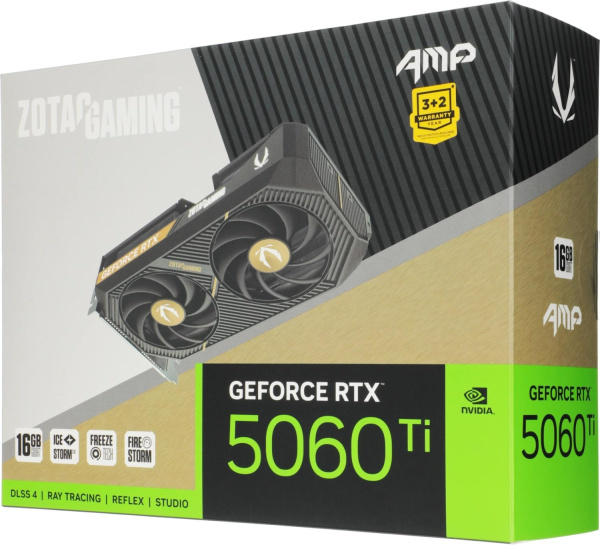 Видеокарта Zotac PCI-E 5.0 RTX 5060TI 16GB AMP NVIDIA GeForce RTX 5060TI 16Gb 128bit GDDR7 2632/28000 HDMIx1 DPx3 HDCP Ret