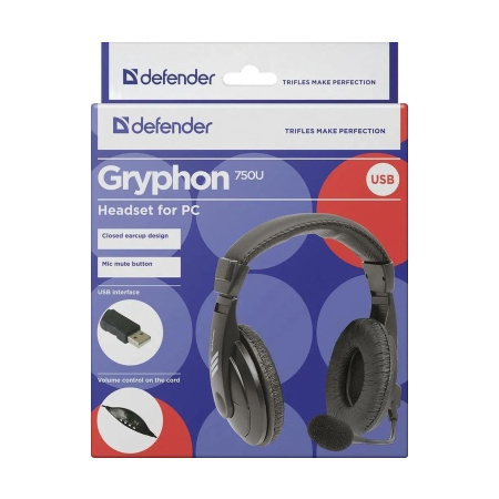 Гарнитура Defender Gryphon HN-750 мониторные, 32Ом, 105дБ, кабель 2м, Black