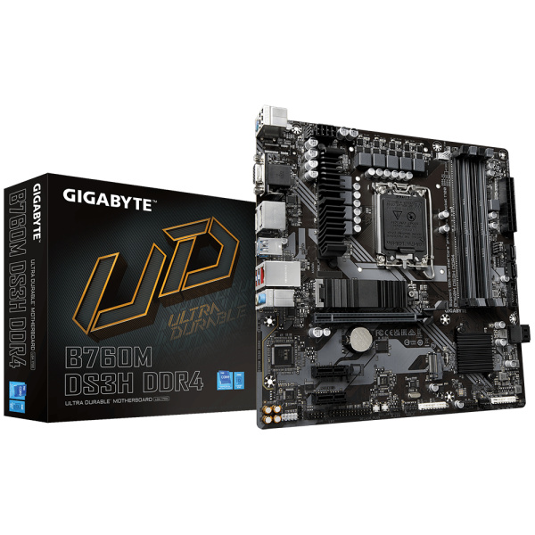 Мат.плата S1700 B760 Gigabyte B760M DS3H DDR4 (mATX,4xDDR4,2M.2,PCI-E16,2PCI-E, 2DP,HDMI,PC5333)