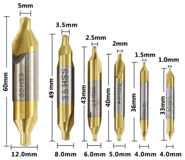 Набор сверл центровочных 1..5мм, 6штук, HSS
