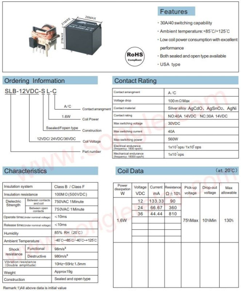 Реле электромагнитное DC 24в, 30а, SPDT, 26*21*21мм, Songle (4119) SLB-24VDC-SL-C