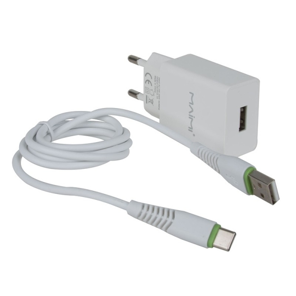 Зарядное_устройство - USB_2.1A+ кабель TypeC MAIMI T13, белый