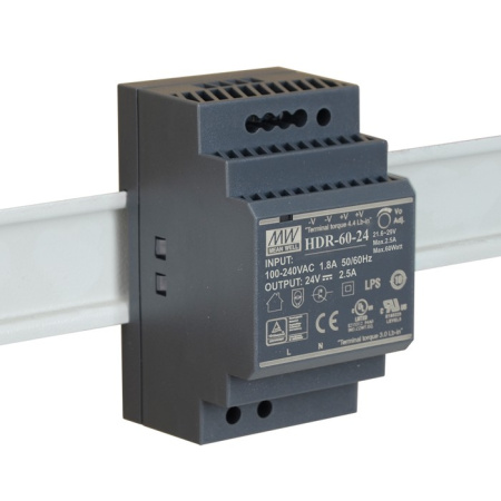 Блок питания на DIN рейку 24в,  2.5а, 52.5*90*54.5мм, Mean Well HDR-60-24