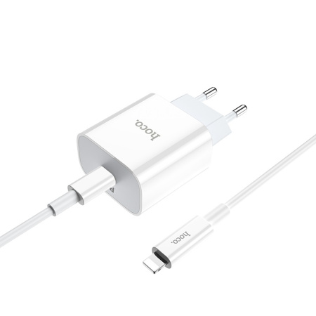 Зарядное_устройство - USB Type C 20W PD+QC 3.0 (5V-3.0A/9V-2.0A/12V-1.67A) HOCO C76A Plus, + кабель Type C to Lightning, белый