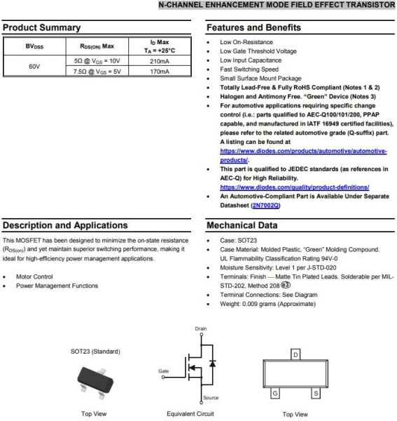 транзистор FET 2N7002 (mark 12*)60V 0.12A N-Ch 7.5ohm SOT23