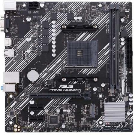 Мат.плата SocAM4 AMD A520 Asus Prime A520M-K (mATX,2DDR4,ECC/non-ECC,M.2,2PCI-E,VGA,DVI,HDMI,PC4600)