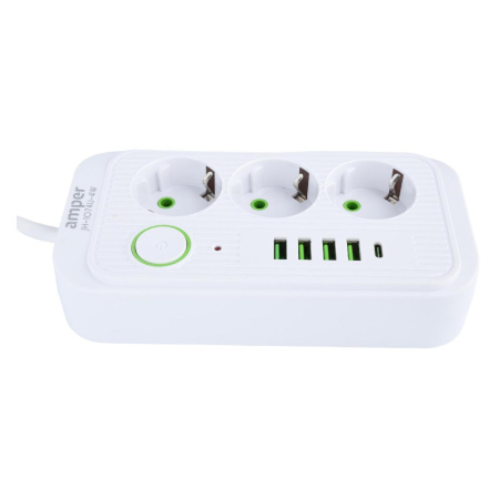 Сетевой удлинитель  4.0м, 3 розетки Amper, JH-1074U-4W, 10А, 2500Вт, 3*0,75мм, 4usb, 1Type-C белый