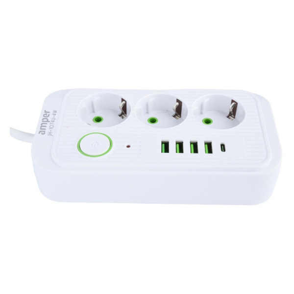 Сетевой удлинитель  4.0м, 3 розетки Amper, JH-1074U-4W, 10А, 2500Вт, 3*0,75мм, 4usb, 1Type-C белый