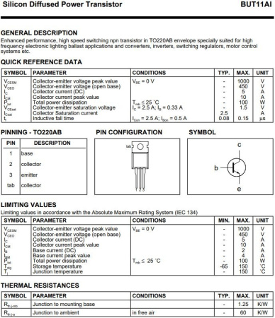 транзистор BJT BUT11AI 450V 5A NPN TO220 100W