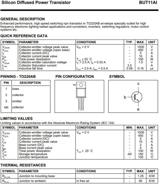 транзистор BJT BUT11AI 450V 5A NPN TO220 100W