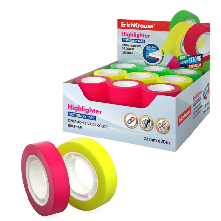 Скотч 12мм.*20м. ErichKrause Highlighter, прозрачная, цветная (58749)
