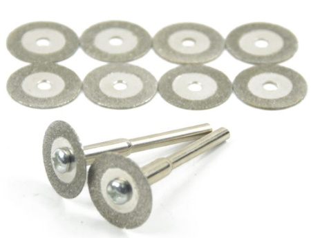 Отрезные диски для гравера алмазные (набор 10 штук + 2 держателя) s=0,8мм d=22мм