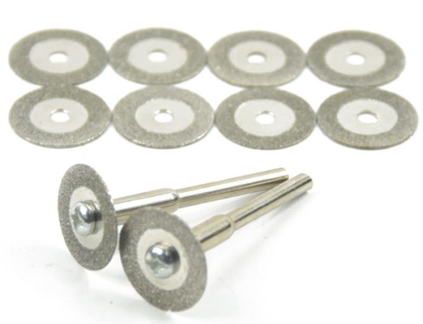 Отрезные диски для гравера алмазные (набор 10 штук + 2 держателя) s=0,8мм d=22мм