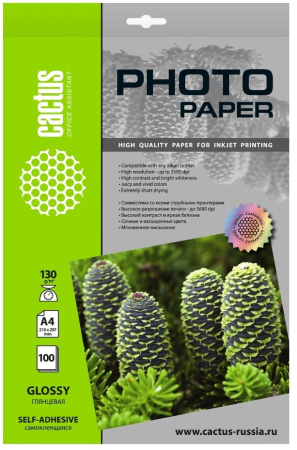 Бумага Cactus 130 г/м2, А4, глянцевая, самоклеящ., 100л. CS-GSA4130100