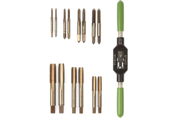 Метчики с метчикодержателем, набор 15штук, М3 М4 М5 М6 М8 М10 М12, Дело Техники 229015