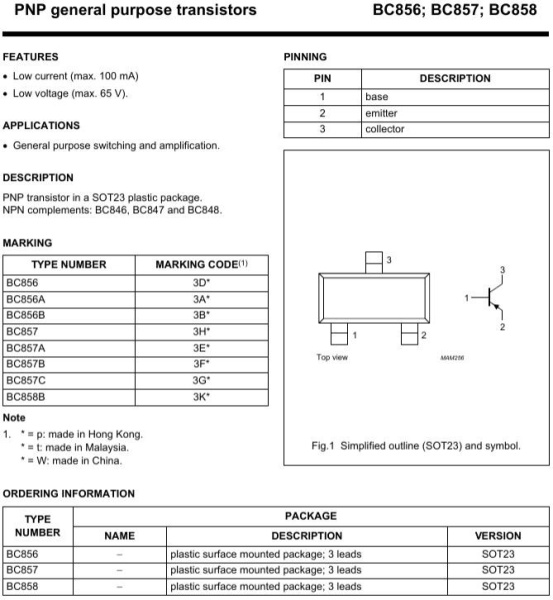 транзистор BJT BC857B 45V 0.1A PNP SOT23 100Mhz