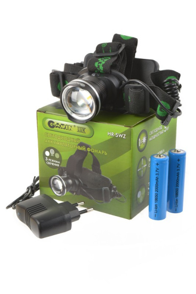 Фонарь налобный Garin LUX HR-5WZ, LED, 5вт, 2*18650 2*1200мАч в комплекте, ЗУ