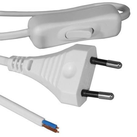 Кабель(шнур) питания, 2*0.5мм, 1.8м, сетевая вилка, 250в, 2а, под пайку, с выключателем, белый