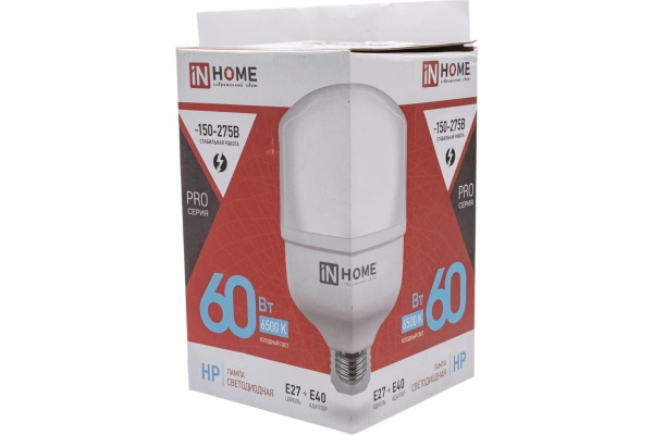 Лампа светодиодная E27 60Вт 6500K 5700лм с адаптером E40 IN Home 4690612031132
