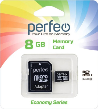 Карта памяти MicroSDHC 8Gb Perfeo Class10 [PF8GMCSH10AES] (SD адаптер)