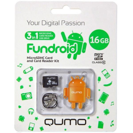 Карта памяти MicroSDHC 16Gb Qumo FUNDROID Class10 U-I [QM16GCR-MSD10-FD-ORG] (USB-reader) оранжевый