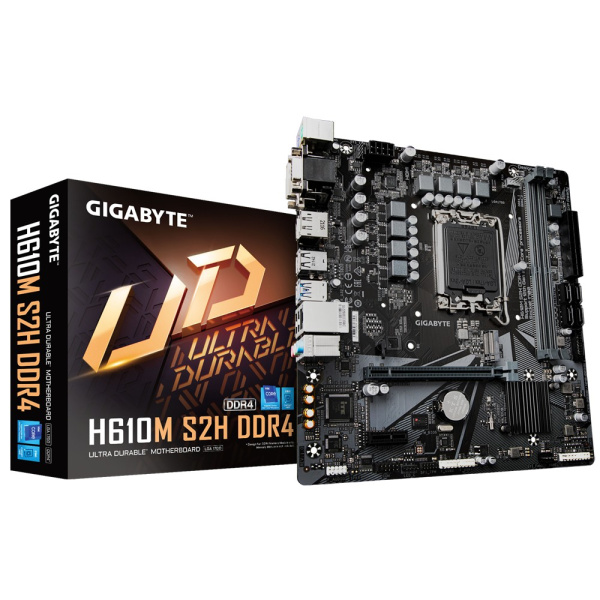 Мат.плата S1700 H610 Gigabyte H610M S2H V3  DDR4 (mATX,2DDR4,M.2,4SATA3,VGA,DVI,HDMI,DP,PC3200)