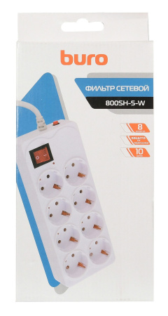 Сетевой фильтр  5.0м, 8 розеток Buro, 800SH-5-W, 10А, 2200Вт, с выключателем, белый, коробка