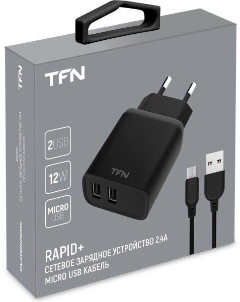 Зарядное_устройство - USB_2.4A TFN Rapid + кабель microUSB (black) (TFN-WCRPD12W2U01)