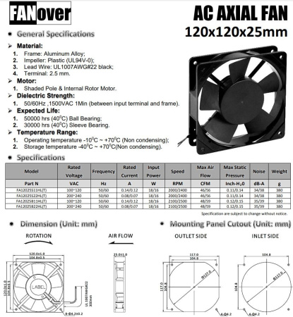 Вентилятор 120*120*25мм, 220в, 0.08а, 78.1м3/ч, 34дБ(А), скольжения, FA12025S22HL
