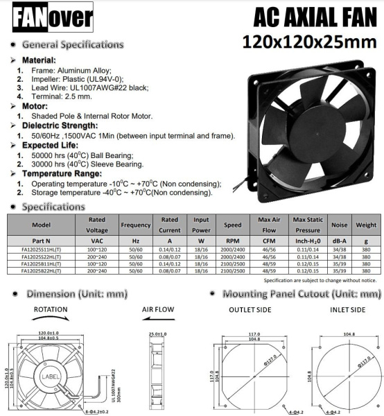 Вентилятор 120*120*25мм, 220в, 0.08а, 78.1м3/ч, 34дБ(А), скольжения, FA12025S22HL