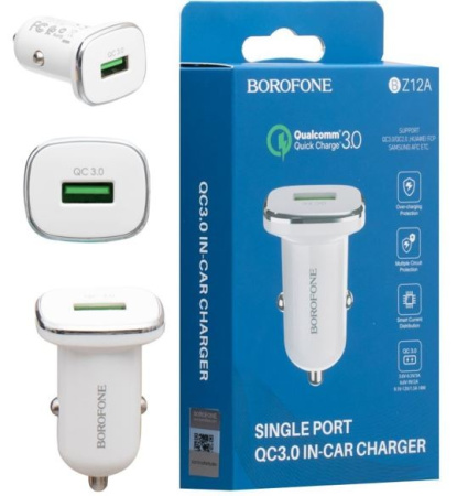 Блок питания автомобильный USB, 5в, 3а, 18вт, USB-F, QC3.0, белый, Borofone BZ12A