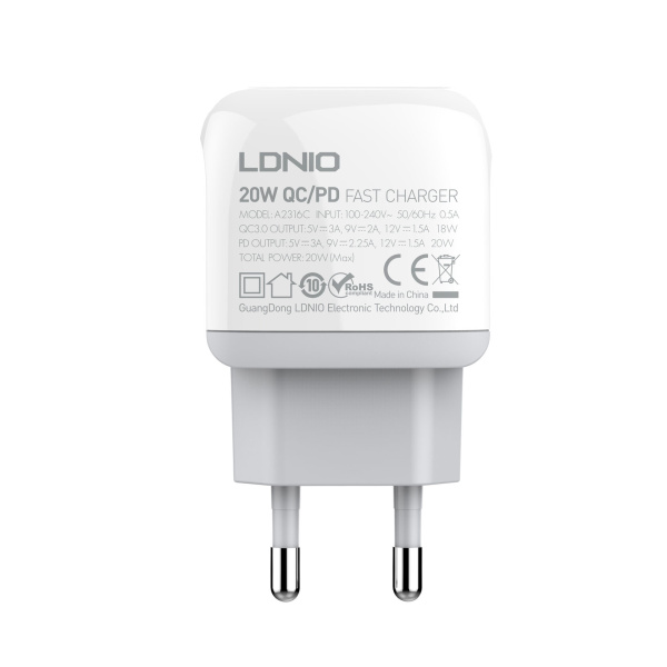 Зарядное_устройство - USBx2 LDNIO A2316C + Кабель Type-C-Lightning/ PD+QC 3.0/ Auto-ID/Выход: 5V_9V_