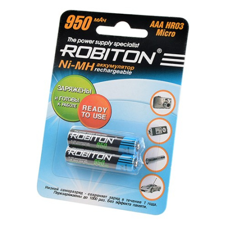 Аккумулятор Ni-MH AAA Robiton RTU 950mAh/ 1.2в, низкий саморазряд 2шт. блистер