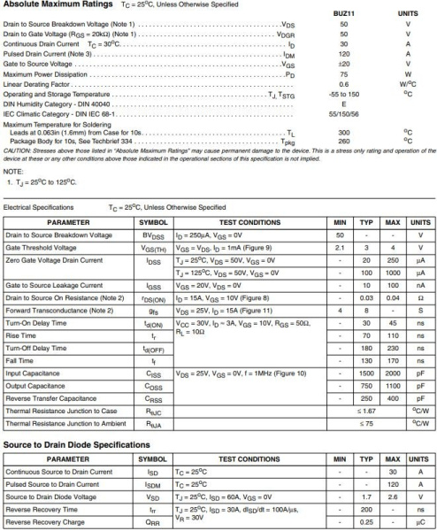транзистор FET BUZ11 50V 36A N-Ch 0.04ohm TO220