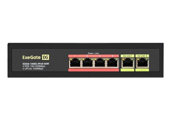 Коммутатор ExeGate EDGS-1006D.4PoE-65W 6-port 1000_Mbps 4 порта IEEE 802.3af (PoE), мощность PoE: 15,4W, суммарно 65W