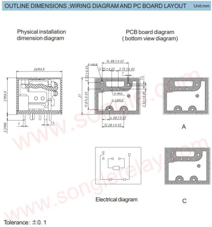 Реле электромагнитное DC 24в, 30а, SPDT, 26*21*21мм, Songle (4119) SLB-24VDC-SL-C