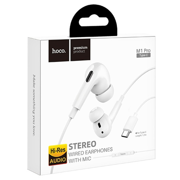 Гарнитура проводная HOCO M1 PRO вставные,16 Ом, 110 дБ, кабель 1.2м, белый, Type-C