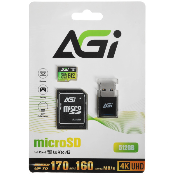 Карта памяти microSDXC 512Gb AGI Supreme Pro UHS-I U3 V30 (SD адаптер+кард-ридер Type-C 3.0) 170/160 МБ/с