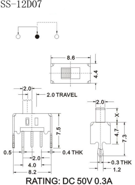 Переключатель движковый SS-12D07(1P2T) на плату шаг 2.0мм (DC 50V 0.3A)