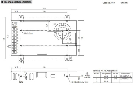 Блок питания в корпусе 48в,  7.3а, IP20, 215*115*30мм, Mean Well LRS-350-48