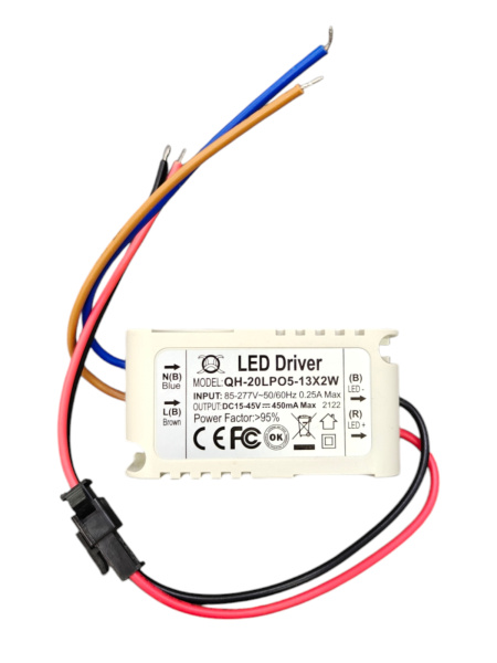 Драйвер светодиодный (LED)  450мА, 15..45в, 20вт, IP20, 65*35*23мм, QH-20LPO5-13X2W