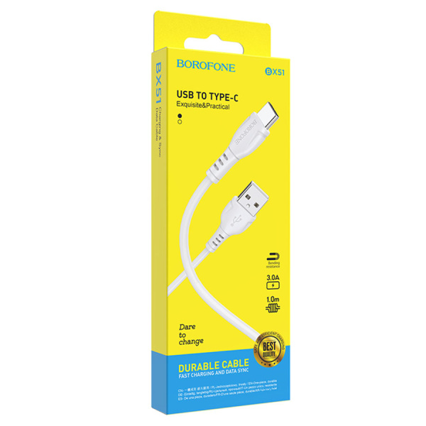 Кабель USB Type-C (m) - USB(m) BOROFONE BX51, 1м, 3.0A, белый